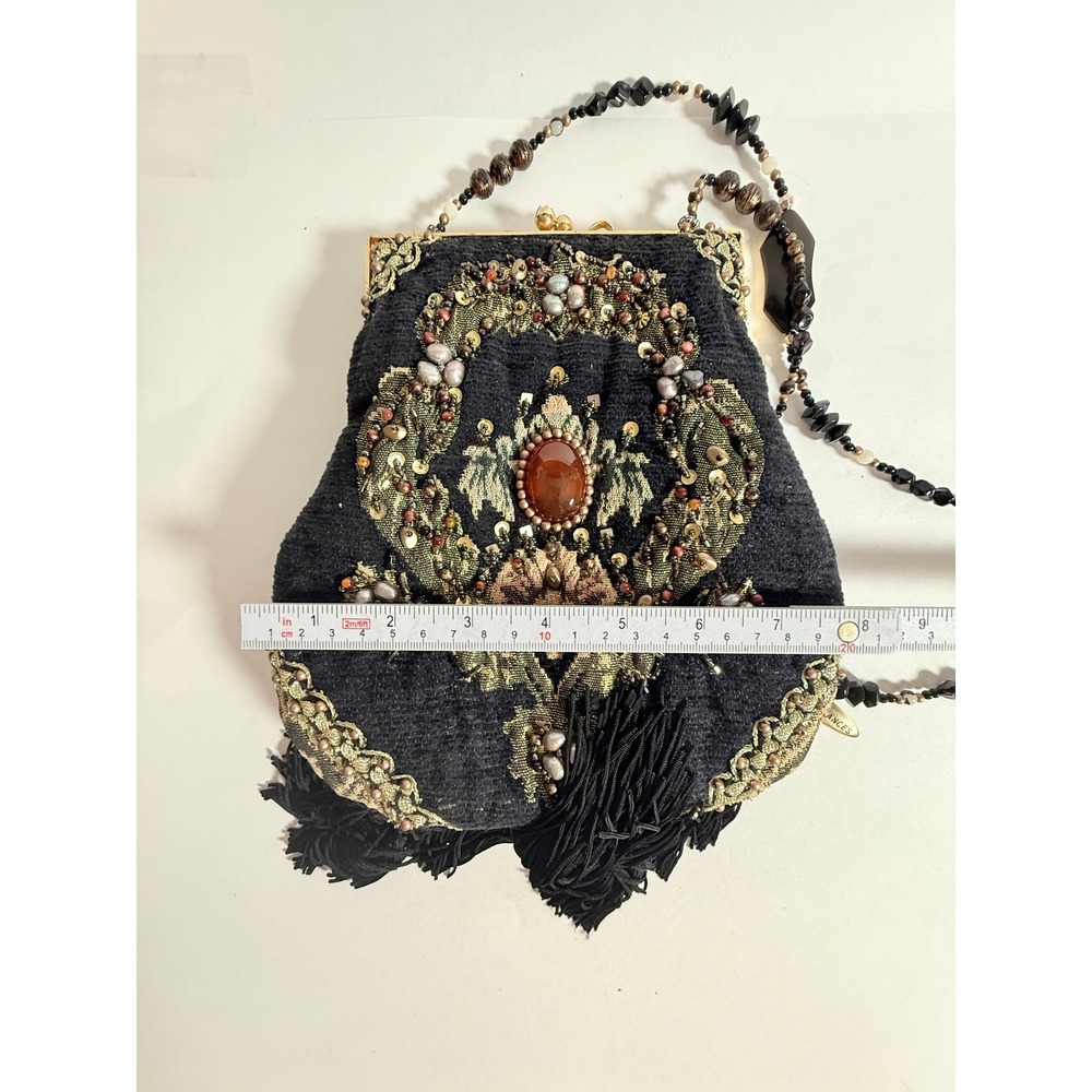 Mary Frances Vintage Beaded Tassel Evening Bag Black Pearl Embellished Kiss Lock - Picture 15 of 16
